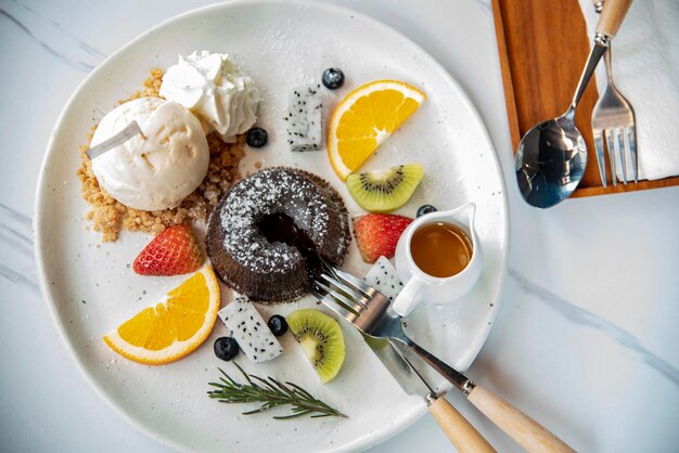 High angle view of dessert served on plate