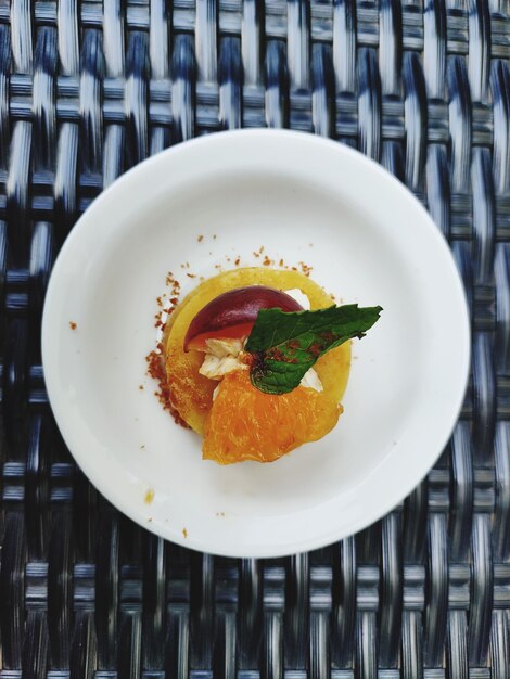 High angle view of dessert served on table