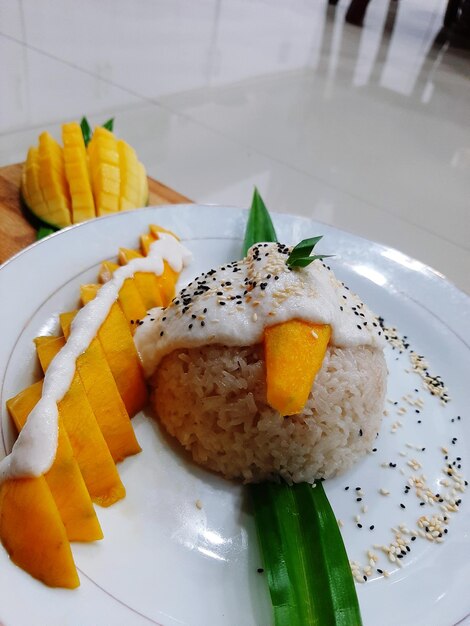 High angle view of dessert served on table