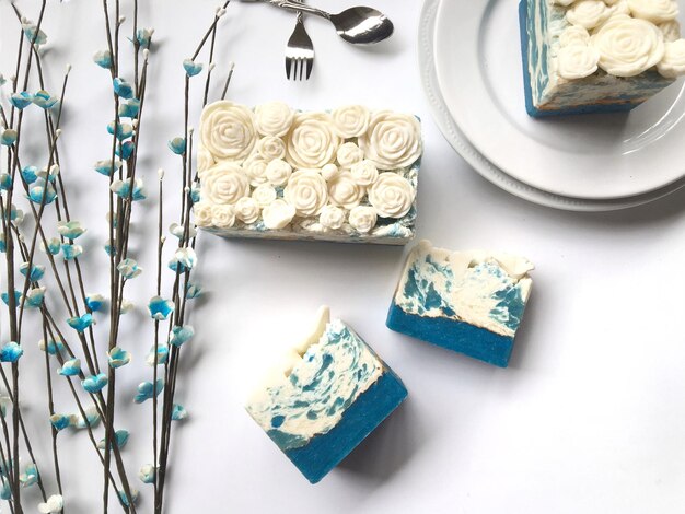 High angle view of dessert on table