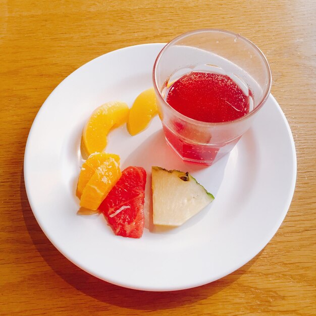 High angle view of dessert on table