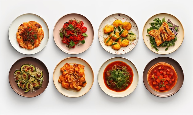 High angle view of different dishes in plates on white background top view