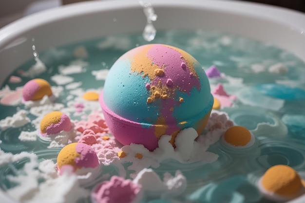 High angle view of a dissolving bath bomb in the bath water