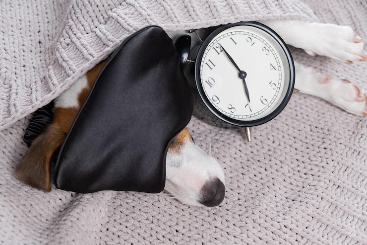Photo ベッドで眠っている犬の高角度の視点