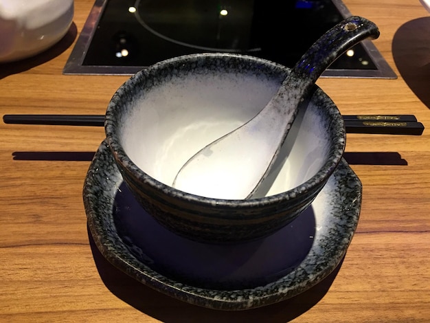 High angle view of drink in bowl on table