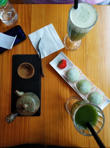 High angle view of drink on table