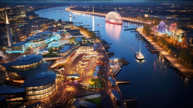 High angle view of Dusseldorf Festival Night view along the river