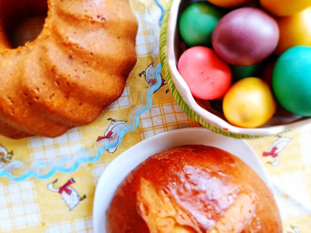 High angle view of easter breakfast on table