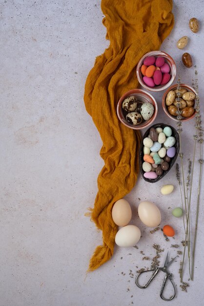 High angle view of easter sweeties on the table