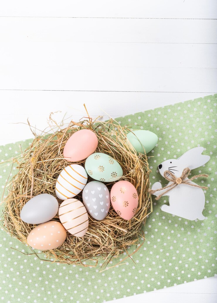 High angle view of eggs in basket on table