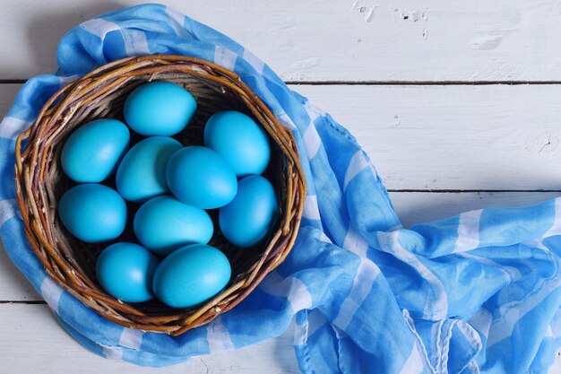 High angle view of eggs in basket