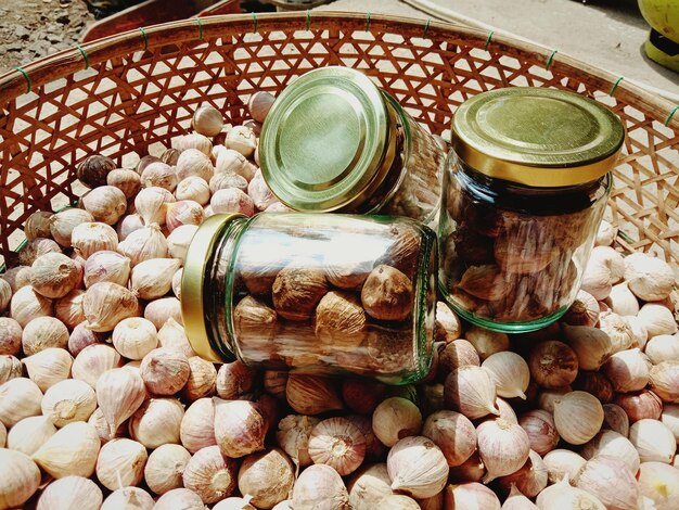 High angle view of eggs in jar on table