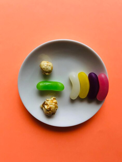 High angle view of eggs in plate on table