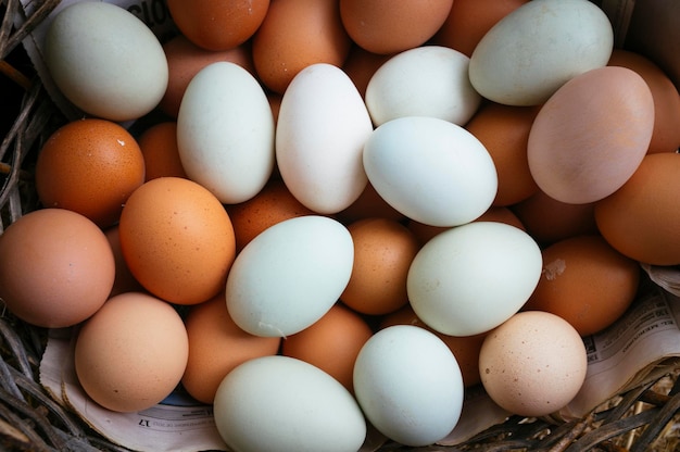 High angle view of eggs in wicker basket