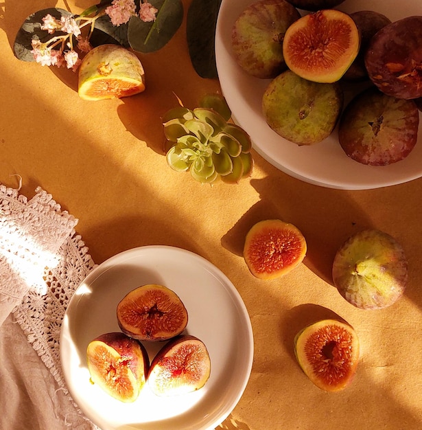 High angle view of figs on table