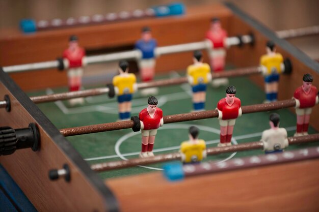 High angle view of figurines on foosball table