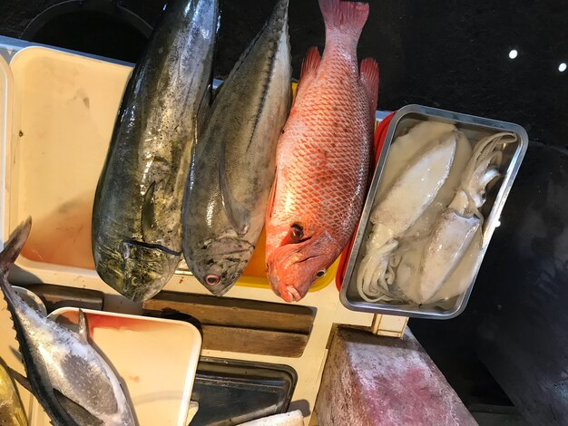 Photo high angle view of fish for sale at market