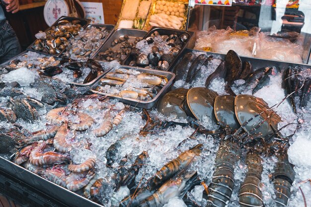 High angle view of fish for sale in market