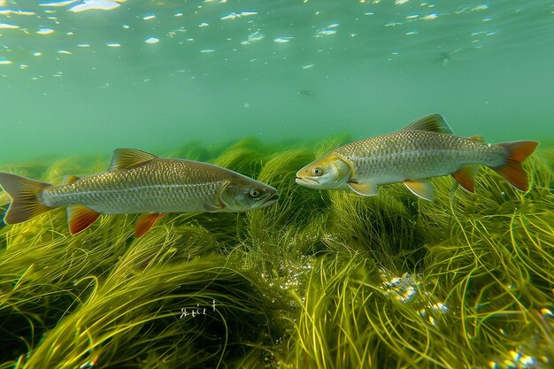 湖で泳いでいる魚の高角度の景色