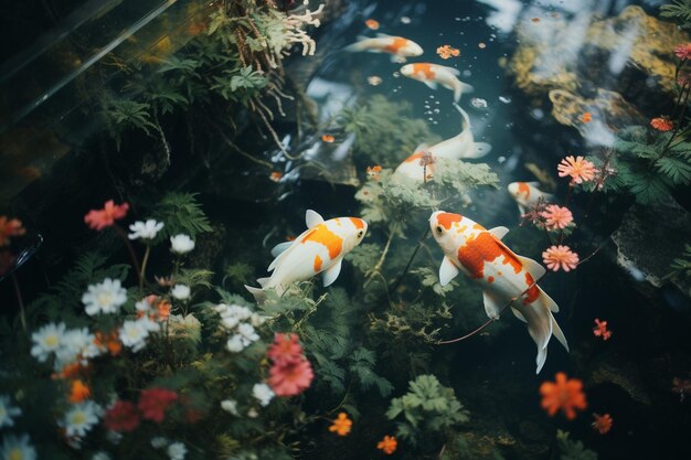 湖で泳いでいる魚の高角度の景色