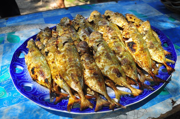 High angle view of fish on table