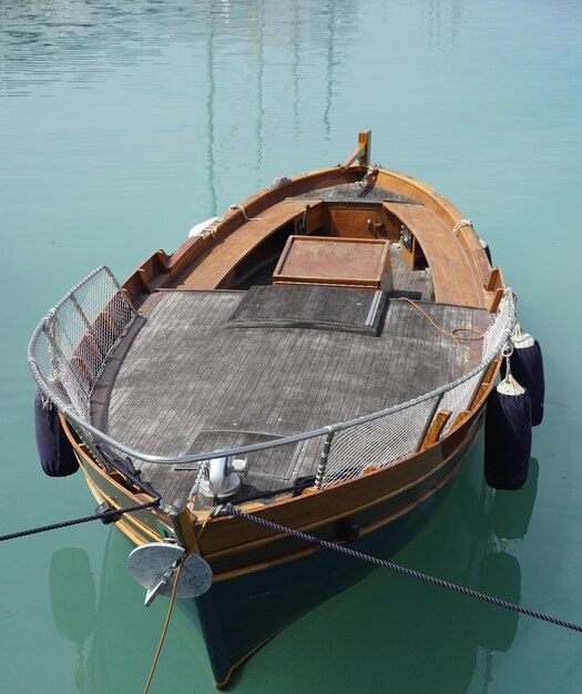 High angle view of fishing boat moored on sea