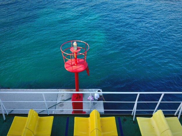 High angle view of flags hanging on sea