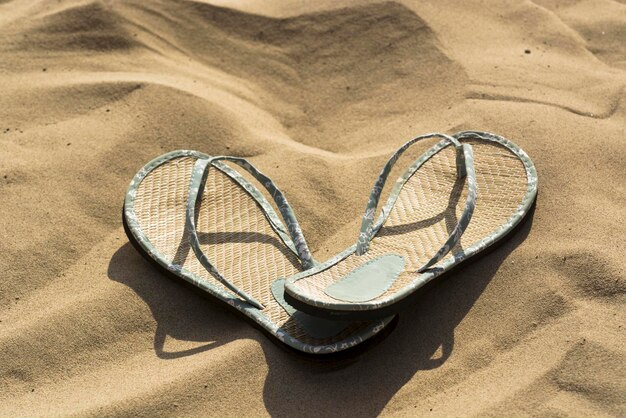 High angle view of flip-flops on sand at beach