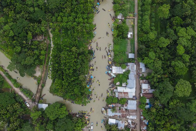 High angle view of floating guava market in bangladesh