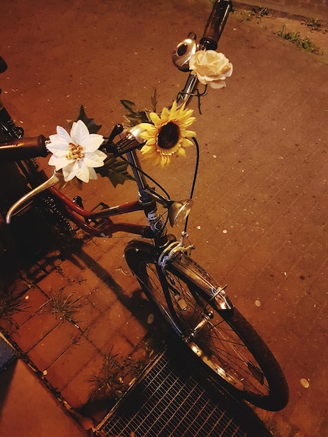 Foto vista ad alta angolazione dei fiori su una bicicletta parcheggiata sulla strada