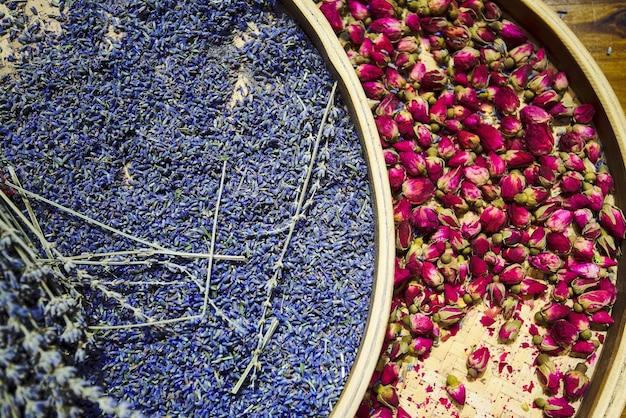 High angle view of flowers and herbs for sale in store