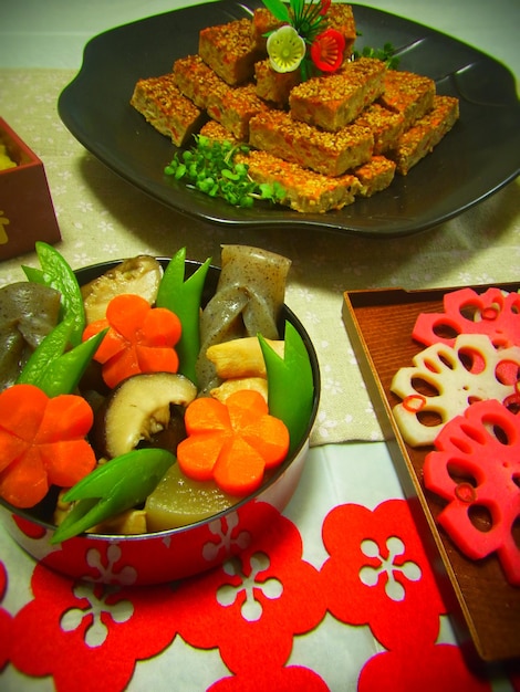 High angle view of food art on table