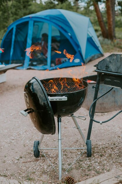 High angle view of food on barbecue grill