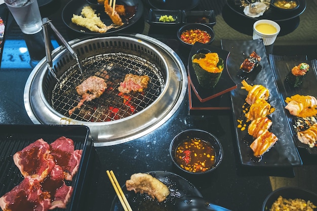 High angle view of food on barbecue grill