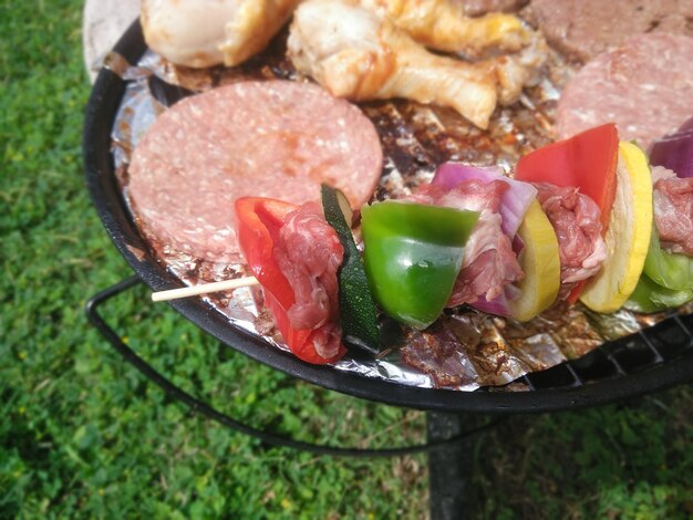 High angle view of food on barbecue grill