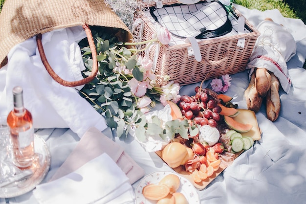 High angle view of food and basket on cloth