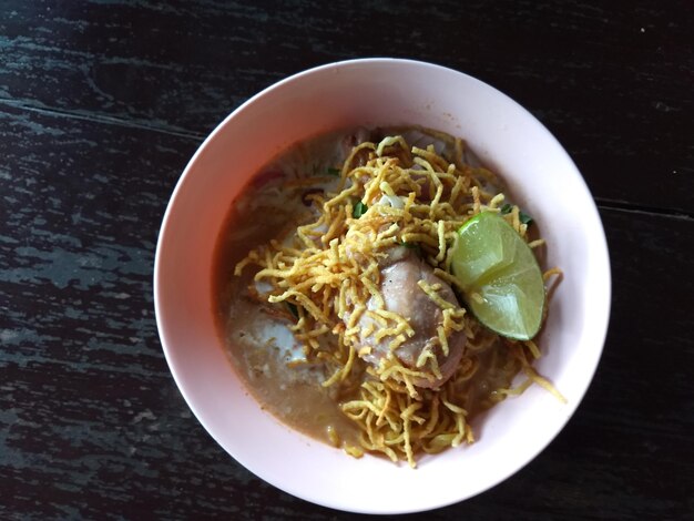 High angle view of food in bowl on table