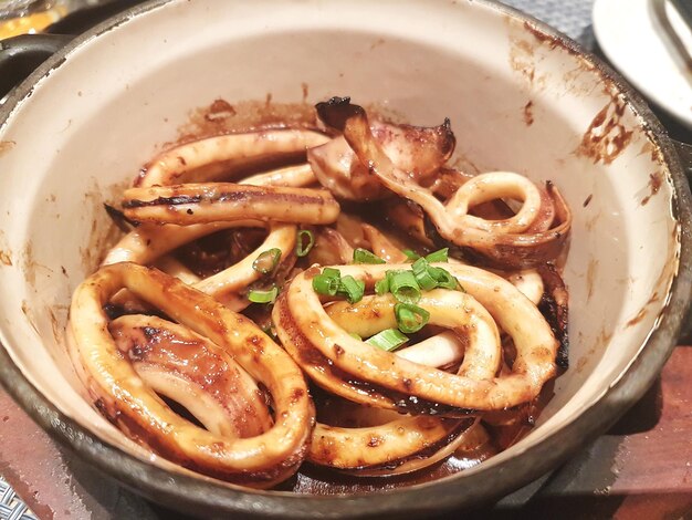 High angle view of food in bowl on table