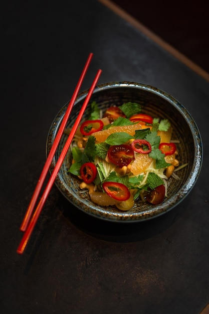 high angle view of food in bowl on table