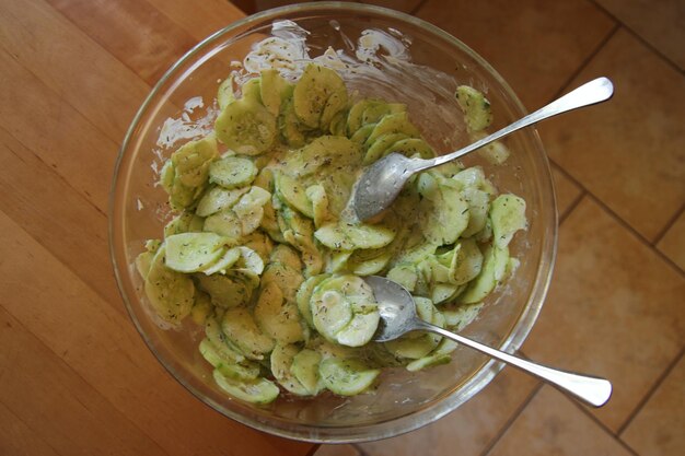 High angle view of food in bowl on table