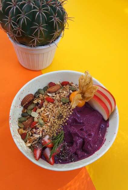 High angle view of food in bowl on table