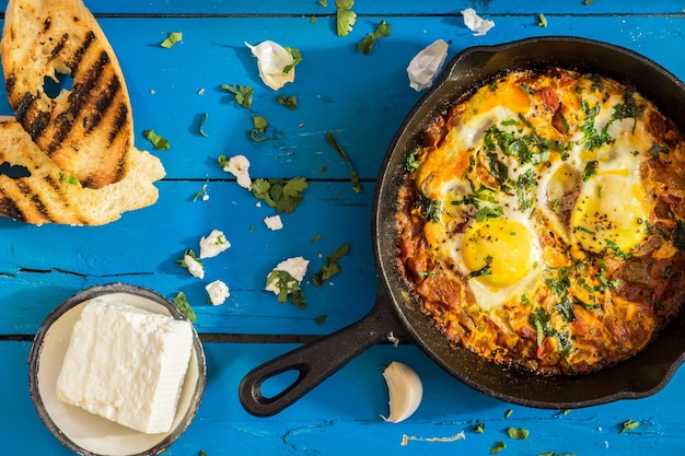 High angle view of food in cooking pan on table