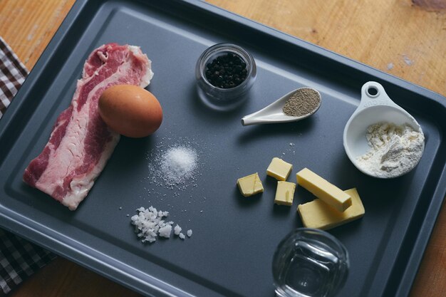 High angle view of food on cutting board