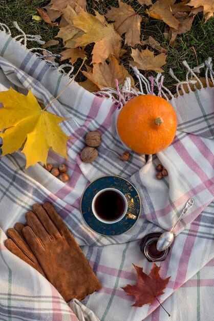 Foto vista ad alto angolo di alimenti e bevande su tessuto