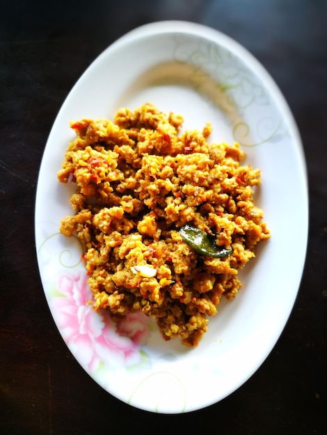 High angle view of food in plate on table