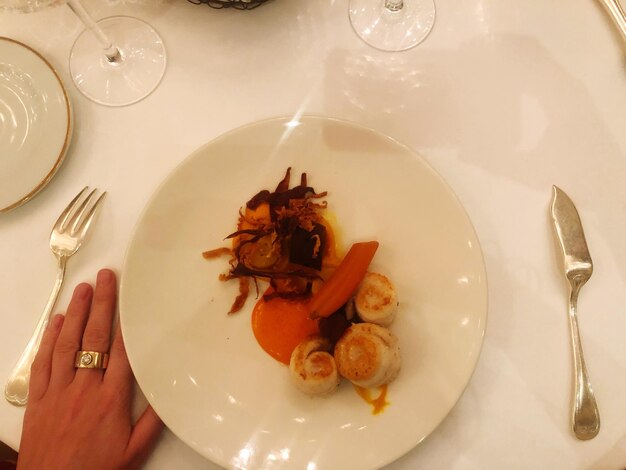 High angle view of food in plate on table