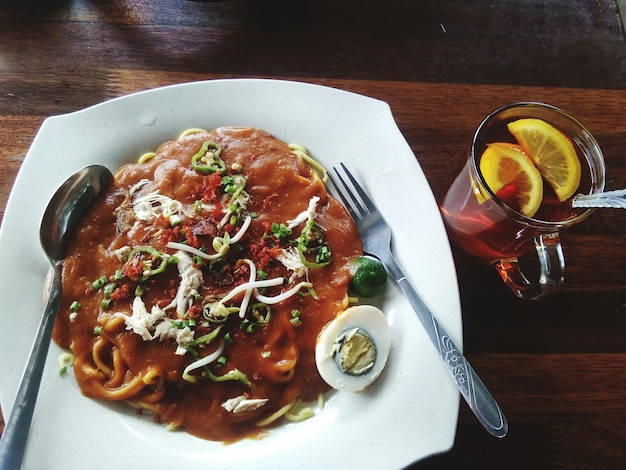 High angle view of food in plate on table