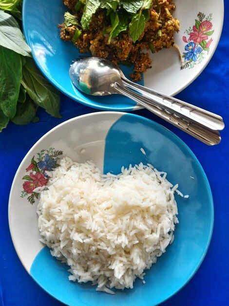 High angle view of food in plate on table