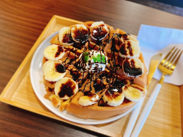 High angle view of food in plate on table