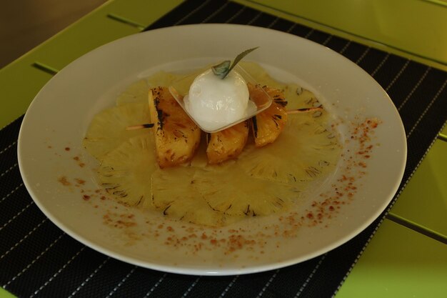 High angle view of food in plate on table